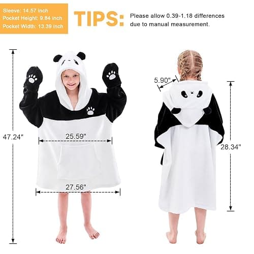 IFNOW Wearable Blanket Hoodie Kids, Oversized Fleece Blanket Sweatshirt Christmas Birthday Gifts for Boys, Girls, Teen Hoodie with Portable Foldable Blanket Pillow, Animal Embroidery 5-15 Years, Panda thumbnail 2