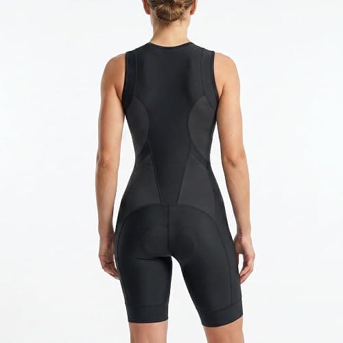 Przewalski Women's Triathlon Suit, Sleeveless Padded Half-Zip Trisuit | Breathable swim-bike-run trisuit with medium compression, a 4mm tri pad, 2 rear pockets, and silicone leg grippers thumbnail 2