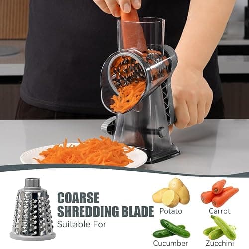KEOUKE Rotary Cheese Grater Hand Crank Transparent - Shredder Slicer Grinder 3 Stainless Steel Blades, Stable Suction, Labor-Saving Handle, Safe Kitchen Tool for Cheese, Vegetable, Nuts, Chocolate thumbnail 2