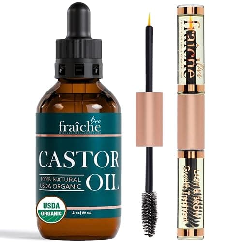 Live Fraiche Organic Castor Oil Lash Serum for Hair Growth, 100% Pure Eyebrow Eyelash Growth Serum, Cold Pressed Hexane Free (2oz Glass Bottle + FILLED Mascara Tube) - Image 1