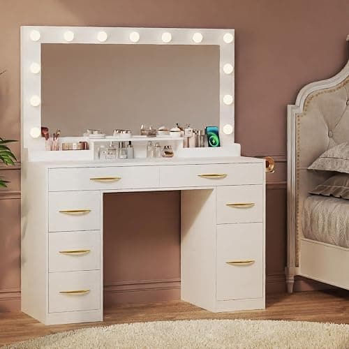 HUAHUU Makeup Vanity Desk with Lights, Vanity Desk with Large Mirror, White Vanity with Outlets Large Drawers & Storage, 3 Lighting Color Adjustable, Bedroom Dressing Table thumbnail 7