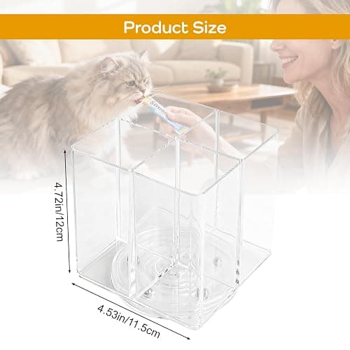 Lickable Cat Treats Organizer, Lazy Susan Acrylic Squeeze Up Cat Treats Storage Organizer with 4 Compartments, Wet Cat Food Storage Container for Kitchen Cabinet Pantry Shelf Countertop（Square） thumbnail 3