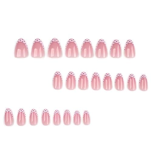 Stbisen Medium Short Almond Press On Nails, Milky Nude Fake Nails with Pink French Tips and Brown Polka Dot Design, Glossy Reusable Glue On Nails for Women Daily Wear Date Night, 24PCS thumbnail 4