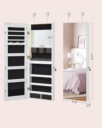 SONGMICS Mirror Jewelry Cabinet Armoire Organizer, Wall or Door Mount Storage Cabinet with Full-Length Frameless Lighted Mirror, Built-in Makeup Mirror, 2 Drawers, Lockable, White UJJC013W01 thumbnail 3
