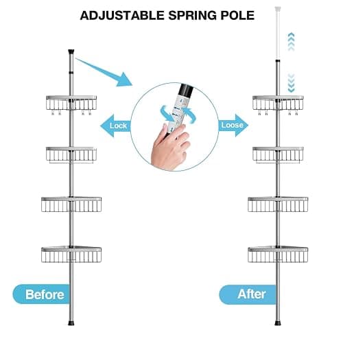 ESSEME Corner Shower Caddy Tension Pole: Adjustable Rustproof 4-Tier Inside Bathroom Organizer - 47-121 inch Quick Installation Bathtub Shelves for Shampoo Storage - Rod Floor Standing Bath Rack thumbnail 6