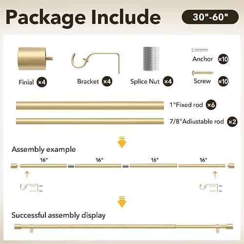 IFELS 2 Pack Heavy Duty Curtain Rods for Windows 28 to 48 Inch, 1 Inch Gold Curtain Rods Set of 2 Pack for Outdoor, Farmhouse, Bedroom, Adjustable Easy Install Drapery Rod (A2,Gold,30"-60"-2Pack) thumbnail 7