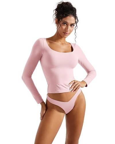 SUUKSESS Women Double Lined Fitted Basic T Shirts Scoop Neck Long Sleeve Crop Top thumbnail 6