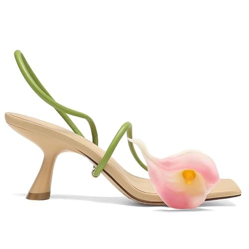 Flower Kitten Heels for Women Open Square Toe Floral Low Kitty Heels Sexy Strappy Wedding Dressy Heeled Sandals - Image 1