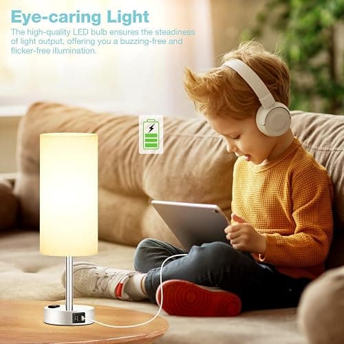 Fenmzee White Touch Bedroom Table Lamp - 3 Way Dimmable Bedside Lamp USB C A Charging Ports and AC Outlet, Small Lamp Nightstand with Silver Base for Living Room, Office Desk, LED Bulb Included thumbnail 4