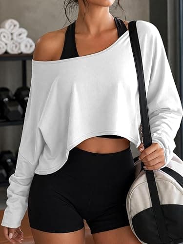 Women’s Off the Shoulder Crop Tops Long Batwing Sleeve Boat Neck Loose Fit Casual Workout Basic Shirts thumbnail 3
