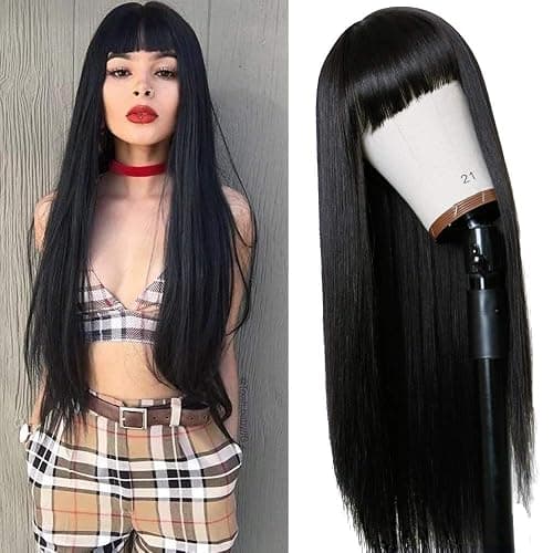 TIMANZO Long Straight Remy Hair Wigs Natural Black Heat Resistant Fiber Hair Full Machine Wig with Bangs Cosplay Party Wig For Fashion Women (24 Inch) thumbnail 2