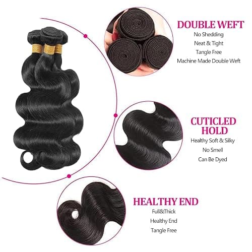 Body Wave Bundles Human Hair 14 16 18 Inch Unprocessed Brazilian Virgin | 3 Bundles Human Hair Extensions for Black Women Quick Weave Natural Black thumbnail 2