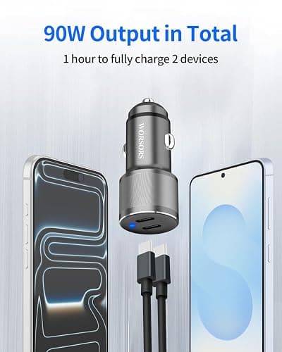 Dual 45W USB C Car Charger, 90W Max Super Fast Charging, All Metal 12V Cigarette Lighter Adapter for iPhone 17 Pro Max/16/15/iPad, Samsung Galaxy S25/S24, Google Phones with 2 Type C Cable 3.3ft Gray thumbnail 3