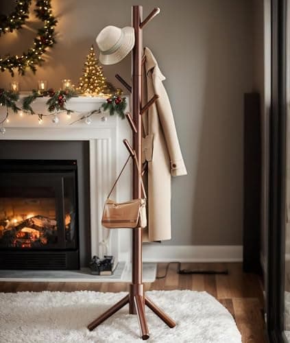 Pipishell Sturdy Wooden Coat Tree with 8 Hooks, 3 Adjustable Sizes for Clothes, Hat Stand Used in Bedroom/Office/Entryway, Brown thumbnail 8