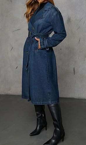 loveimgs Women Vintage Double Breasted Mid Long Denim Jacket Jean Trench Coat Duster Blazer Jacket Windbreaker Belt thumbnail 6