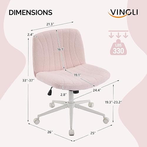 VINGLI Criss Cross Legged Chair,Wide Comfy Office Desk Chair,Dual-Use with/no Wheels Computer Task Chair,Swivel Armless Vanity Boucle Chair for Study,Make Up,Home Office,Teddy Fleece,Pink thumbnail 2