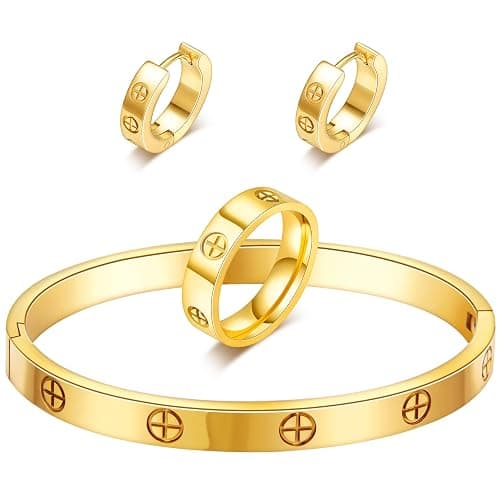 3 Pcs Hoop Earrings Bracelets Ring Sets for Women-18K Gold Plated Love Bracelet Cubic Zirconia Cuff Bangle Hoop Earrings Friendship Love Ring Jewelry Set,Wedding Party Christmas Valentine's Day Birthday Gifts for Her Girlfriend Sister Daughter - Image 1