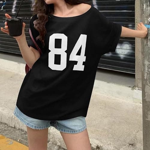 Pinclodly Off The Shoulder Tops for Women Short Sleeve Y2K Jersey Number Graphic Oversized Tshirts E-Girl Tees - Image 1