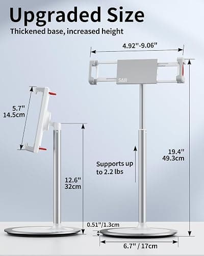 SAIJI iPad Stand for Desk - Height Adjustable & Weighted Base Phone Holder | Aluminum Stand with a 360° Rotating Clamp, Extra Tall, for iPad Air/Pro iPhone & Portable Monitor, Fits 4.7"–15.6" Screens thumbnail 5