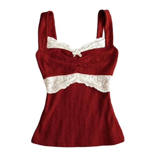 Women's Lace Trim Cami Tops Cable Knit Fairy Grunge Camisole Top Coquette Aesthetic Clothes - Image 1