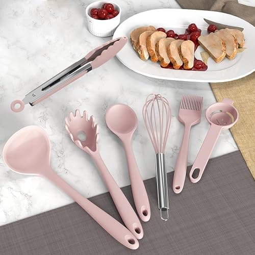 Silicone Cooking Utensils Set - 446°F Heat Resistant Kitchen Utensils,Turner Tongs,Spatula,Spoon,Brush,Whisk,Kitchen Utensil Gadgets Tools Set for Nonstick Cookware,Dishwasher Safe BPA Free(Pink) - Pink thumbnail 2