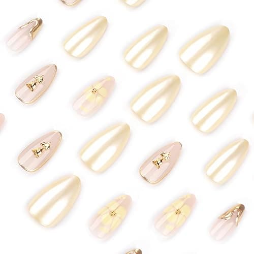 Yellow Flower Press On Nails with Gold 3D Design, Glossy Almond Fake Nails with Metallic Line Art, Elegant Reusable Stick On Nails for Women and Girls, 24PCS Full Cover False Nail Set thumbnail 3