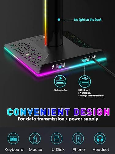 V VCOM RGB Gaming Headphones Stand with 2 USB Ports Headset Stand with 10 Light Modes and Non-Slip Rubber, Suitable for All Earphone Accessories, Best Gift for Husband, Kids, Boyfriend thumbnail 5