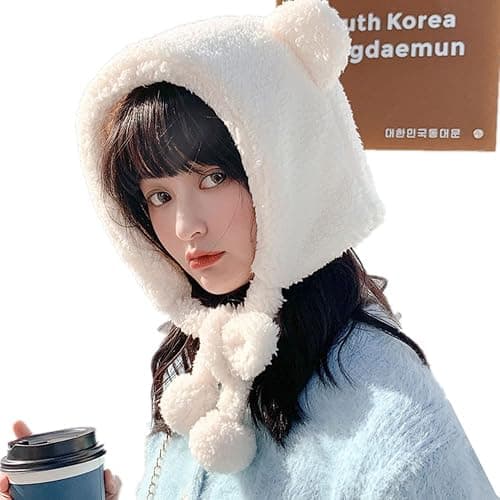 Cute Bear Ears Plush Sherpa Beanie Fuzzy Windproof Earflap Cap Warm Animal Hat with Ear Protection for Women Girls thumbnail 4