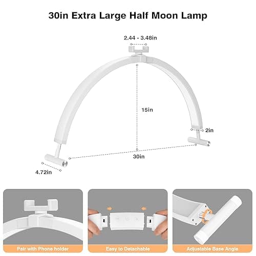 Mznoo Half Moon Light for Nail Desk, 30'' Large Half Moon Desk Lamp with Phone Holder, Professional Nail Tech Light with 3 Color Modes and 5 Brightness for Manicure Salon and Handicraft (White) thumbnail 8