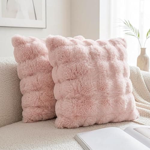 Neelvin Set of 2 Decorative Cushion Covers Thick Plush Wool Pink Throw Pillow Covers 40x40 cm,16x16 Inches Pillowcase Plush fluffy for Couch Livingroom Sofa Bedroom thumbnail 2