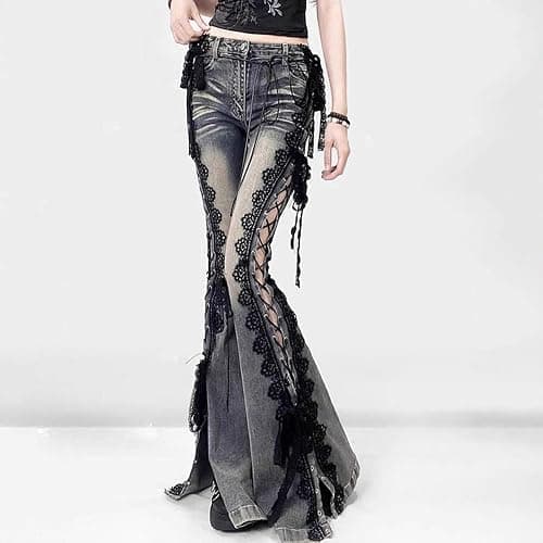 Women's lace up Flared Pants - Split Boot and Beard Design Y2K Gothic Punk Aesthetic Denim Pants thumbnail 3