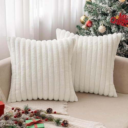 MIULEE White Throw Pillow Covers 18x18 Inch Set of 2 Fuzzy Striped Soft Pillowcase with Velvet Back Faux Rabbit Fur Cushion Covers Christmas Decorative Home Pillows for Sofa Couch Bedroom Car thumbnail 7