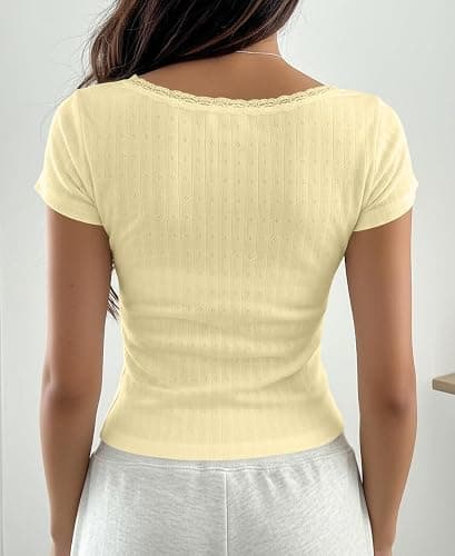 KIGRAD Women Y2k Lace Trim Scoop Neck Short Sleeve Henley Baby Tee Shirts Button Front Preppy Pointelle Fitted Crop Tops thumbnail 3