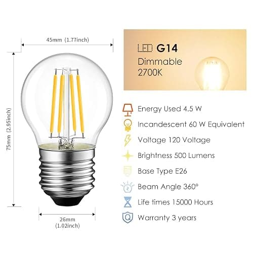 LVWIT G14 LED Filament Globe Bulb 4.5W(60W Equivalent), Dimmable 2700K Warm White Light E26 Screw Base, Decorative Edison Light Bulb, UL-Listed(12-Pack) - 4w-transparent - 12 Count (Pack of 1) thumbnail 3