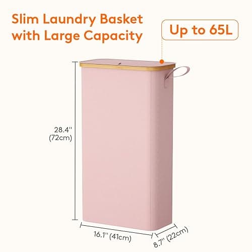 Lifewit 65L Slim Laundry Hamper with Lid, Narrow Laundry Basket with Removable Bag & Bamboo Handles, Fodable Thin Dirty Clothes Hamper for Laundry Collapsible Bin for Bathroom Bedroom Dorm, Pink thumbnail 3