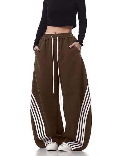 EMMIOL Women’s Y2K Baggy Barrel Striped Sweatpants High Waisted Wide Leg | Track Pants, Drawstring Waist, Adjustable Hems, and Side Pockets, Ideal for Streetwear, Workouts, School, Casual, Nights Out - Image 1