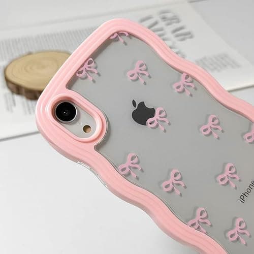 Riccase for iPhone XR Case Bow Curly Wave Frame Phone Case, Shockproof Clear Soft Transparent Silicone Protective Bumper Cover for Women Girls, Pink thumbnail 2