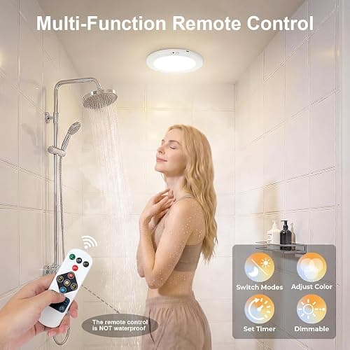 Givryes 2Pack Rechargeable Magnetic Ceiling Light/Shower Light with Remote | Motion Sensor, Wireless, Power Indicator, Waterproof, Battery-Powered LED, 3 Color, Dimmable, Closet, Pantry, Hallway, Patio thumbnail 4