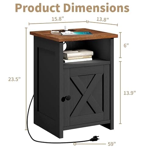 AURINEST Farmhouse End Table Set of 2 w/Charging Station, Nightstands w/Barn Door & Storage Shelf, Rustic Bedside Table for Living Room, Bedroom, Entryway, Office, Small Spaces, Black thumbnail 2