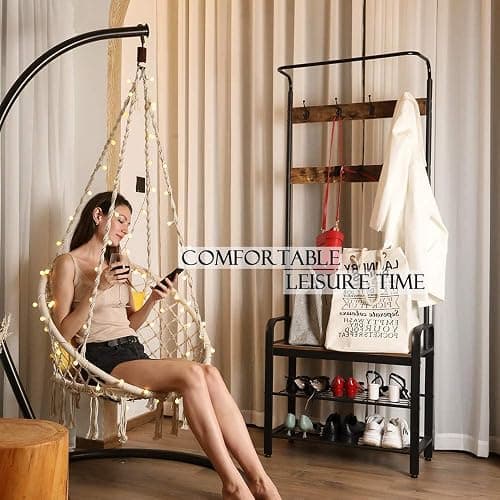 Hanging Chair for Bedroom Hammock Chair Swing with Lights and Hardware Kits Holds Up to 550Lbs Macrame Swing Chair Hanging Cotton Rope Swing Chair for Bedroom, Patio, Deck, Garden and Porch-KASHAN thumbnail 5