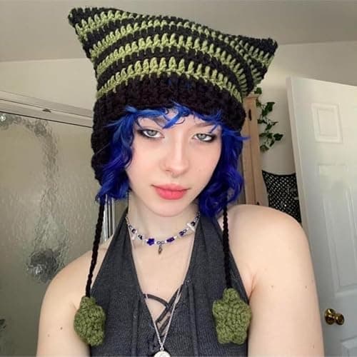 Beanies Cat Beanie Y2k Beanie Goth Knit Hat Grunge Crochet Hats for Women y2k Accessories thumbnail 2