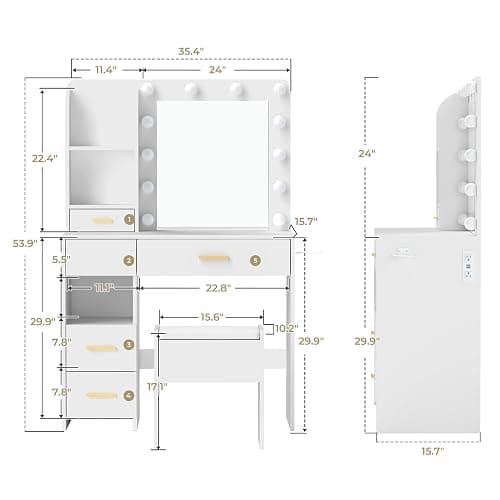 Furnivado Vanity Desk with Mirror and Lights, 3 Adjustable Lighting Makeup Vanity Desk with 3 Storage Shelves, 5 Large Drawers and Power Outlet, Vanity with Chair for Bedroom, White thumbnail 2