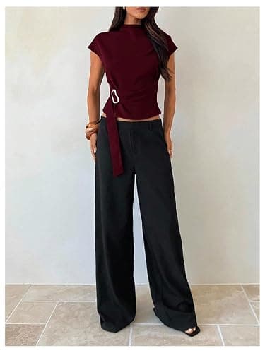Floerns Women's Buckle Tie Elegant Blouse Mock Neck Shirts Cap Sleeve Business Casual Tops thumbnail 5