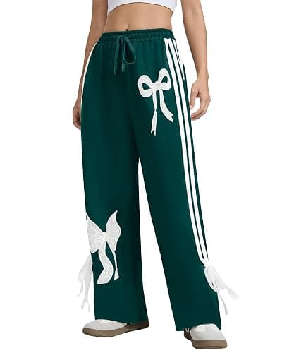 Tenbird Wide Leg Sweatpants for Women High Waisted Baggy Sweatpants | Side Pockets, Relaxed Fit, Elastic Drawstring Waist, Striped, Vintage Y2K, Bow graphic Sweatpants, Breathable, Casual - Image 1