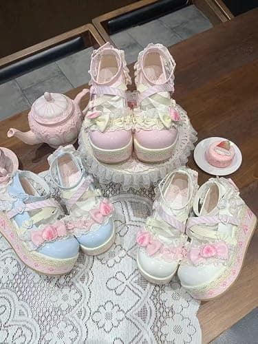 ZQW Women's Kawaii Cute Bow Strawberry Cake Lace Chunky Mary Jane Heels Round Toe Lolita Y2K Aesthetic Platform Wedge Shoes thumbnail 2