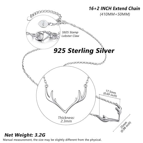 Silvora 925 Sterling Silver Deer Antler Necklace, Antler Deer Jewelry Antler Pendant Choker Birthstone Necklace Christmas Jewelry for Women - 00.Silver Antler thumbnail 4
