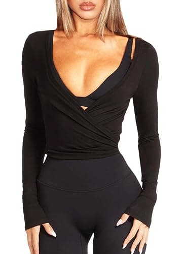 Navneet Women Pilates Wrap Top Ballet Yoga Tops Cute Going Out Top Y2K Low Cut Long Sleeve Tops Tie Up Bolero Cardigans Fall - Image 1