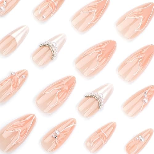 24Pcs Almond Press on Nails Medium Length 3D Fake Nails with Cute Mermaid Pearl Designs Charms Handmade Nail French Tip False Nails Press ons Summer Theme Stick on Nails for Women Manicure Decor thumbnail 3