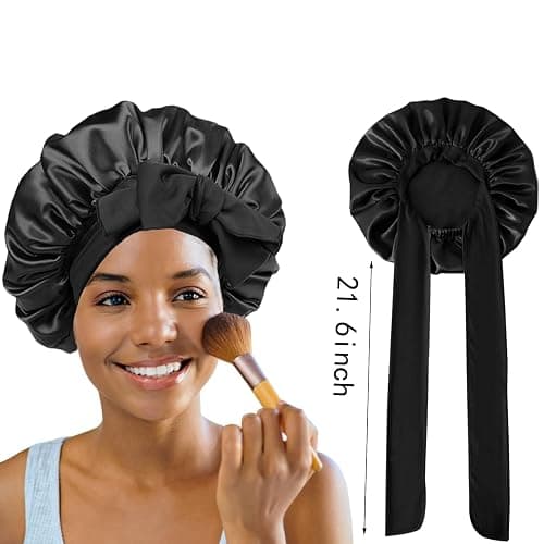Silk Bonnet Satin Bonnet for Sleeping Large Bonnets with Tie Band Hair Wrap with Adjustable Straps Hair Cap for Women Curly Black thumbnail 5