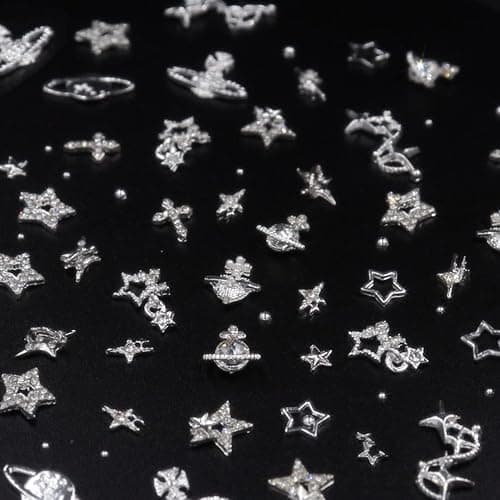 120+ Pcs Star Nail Charms Inlaid Rhinestones Gems, Silver Star Planet Cross Nail Art Decorations Shiny Jewelry for Acrylic Nail Accessories for Women Girl Manicure DlY Crafts Supplies thumbnail 7